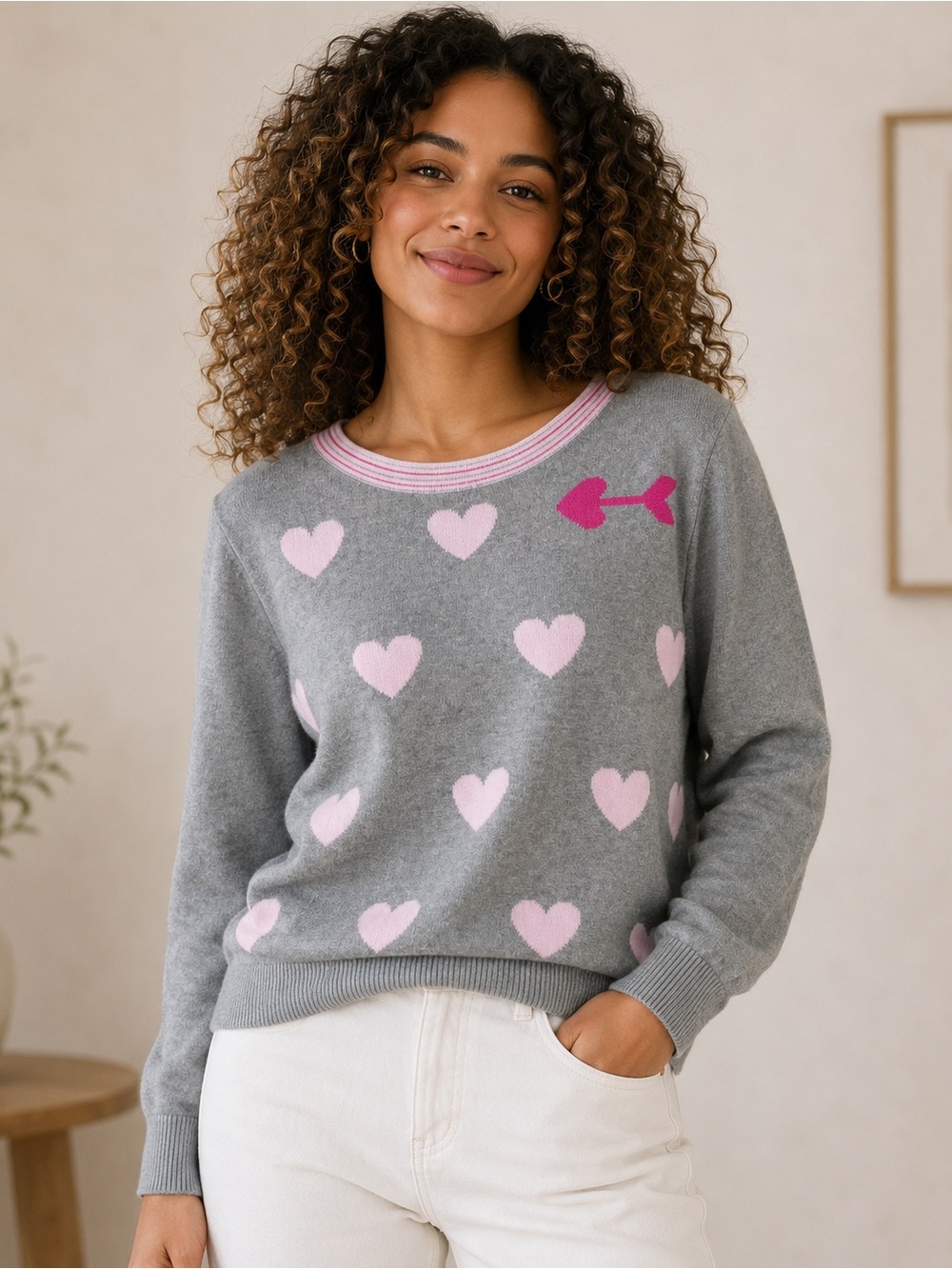 Kim Rogers Cozy Gray and Pink Heart Women’s 100% Cotton Pullover Sweater, Small